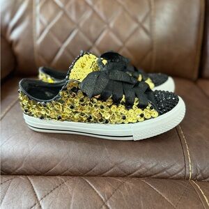 Women’s Low Top Black & Gold Sequin/Rhinestone Sneakers- Handmade